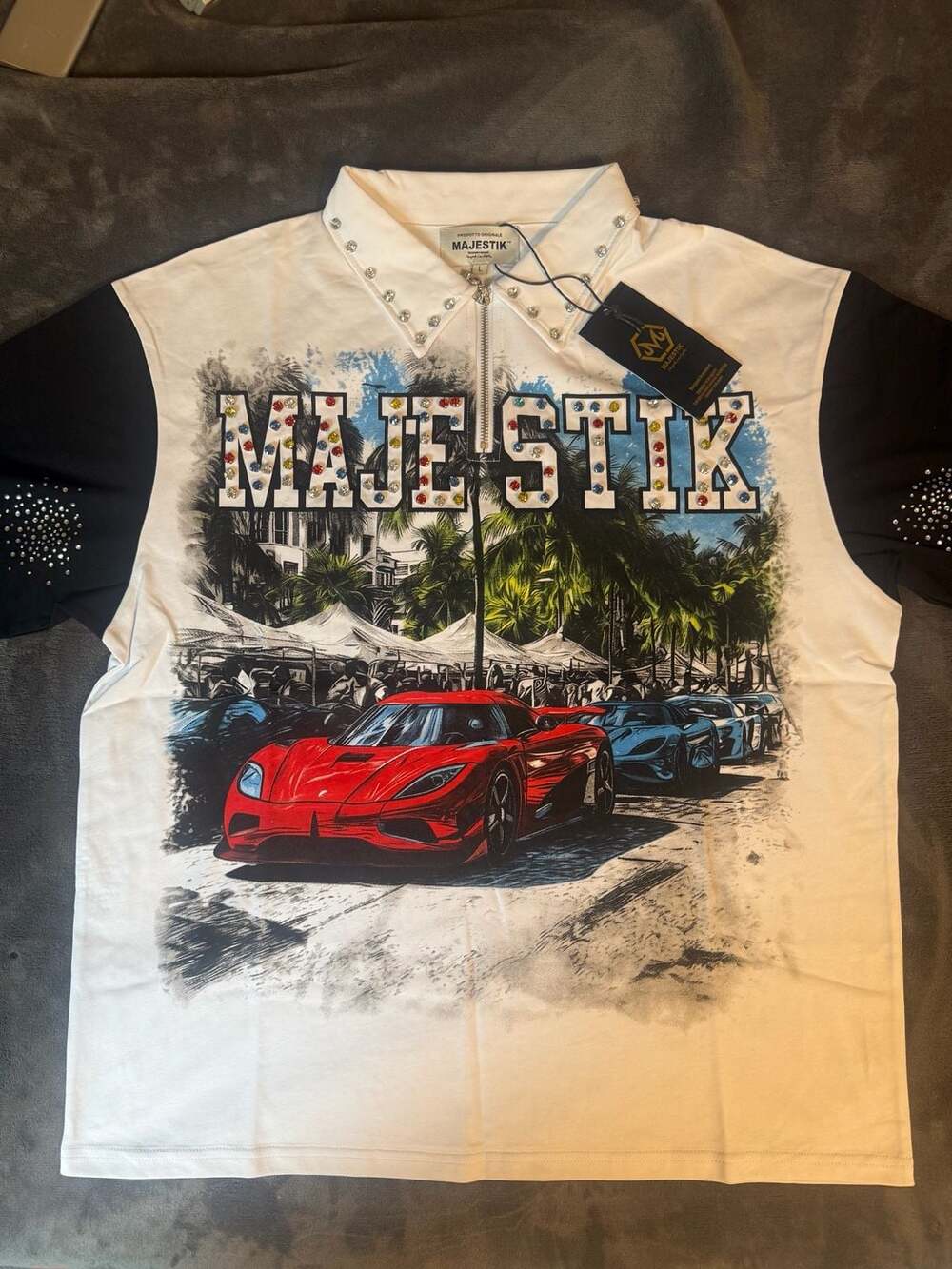 Majestik Men's Rhinestone Miami Supercar Half-Zip Polo Shirt